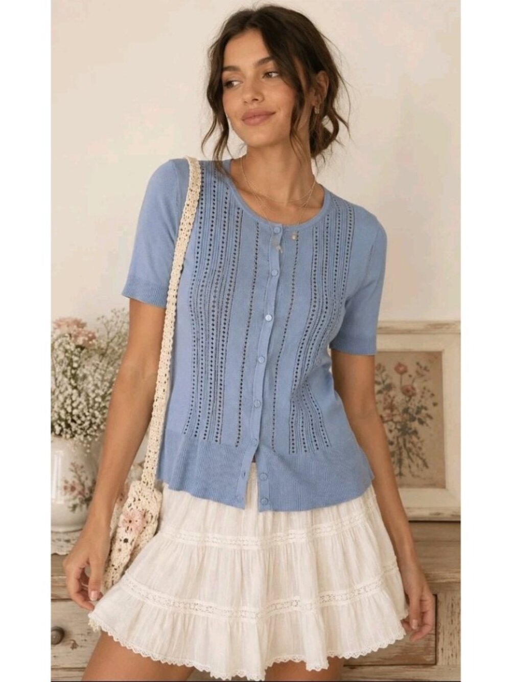 Ann Taylor Eyelet Cardigan Short Sleeve Casual Coquette Size XL Slate Blue